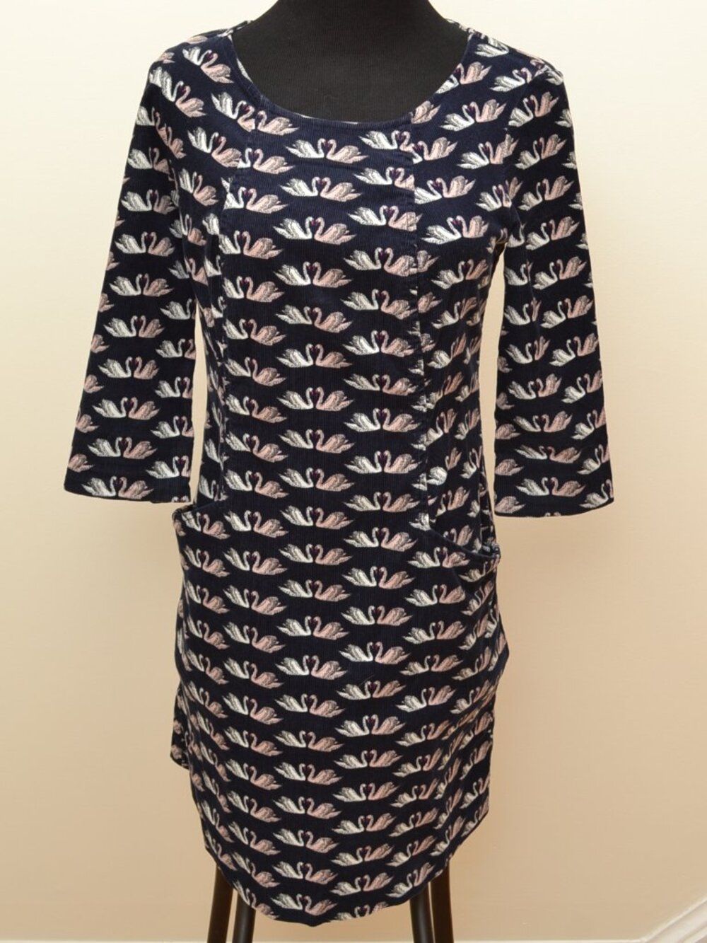 Boden Corduroy Amber Dress Swan Print Pockets Zipper Women's Size 8R